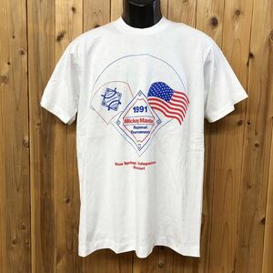 90's /米国製 /SCREEN STARS BEST /メンズL 半袖Tシャツ トップス 野球 BASEBALL アメリカ国旗 プリントTシャツ 白T アメカジ USA古着