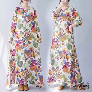 XL【新品】秋　薄手　長袖　丸襟　マキシ丈　ゆったり　花柄　ボタニカル