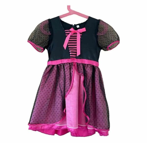 子供用 ドレス ブラック×ピンク 小悪魔ガーリー ドットチュール オケージョン ワンピース リボン　ハロウィン　フレア ピンク