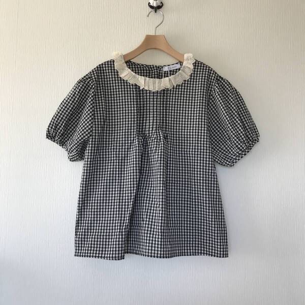 新品未使用■襟レース×ギンガムチェック柄の半袖ブラウス■フリーサイズ■レディース■春夏■トップス■かわいい■ナチュラル