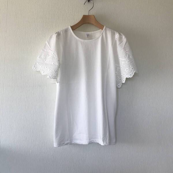 新品未使用■お袖レース半袖Tシャツ■ホワイト・白■無地■トップス■フリーサイズ■レディース・ミセス・婦人■春夏