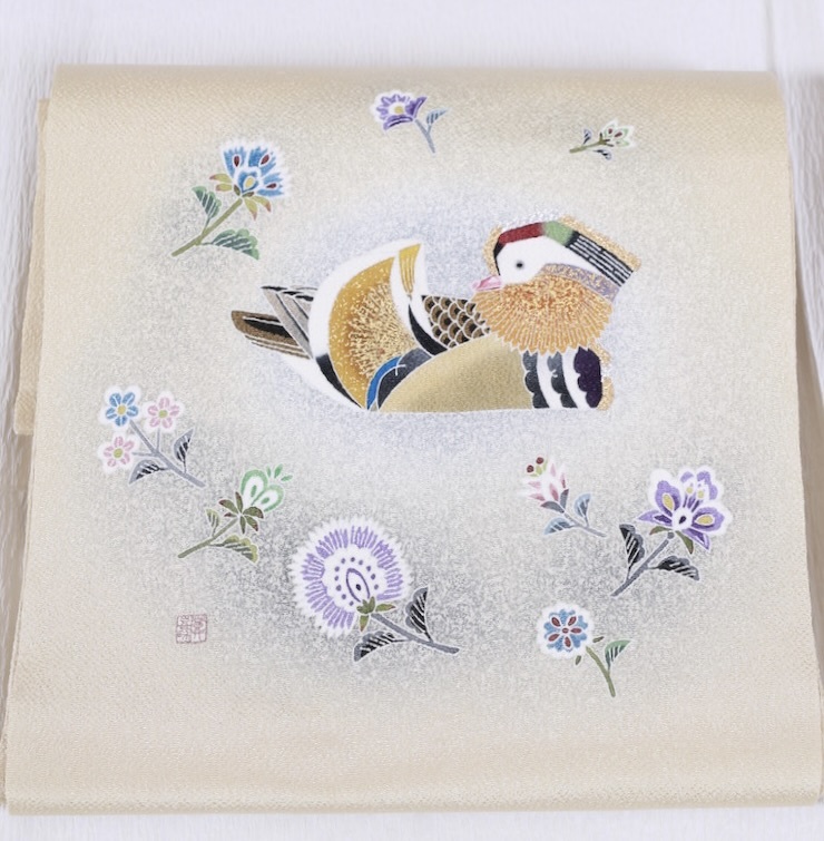New and unused item, Nagoya obi, Living National Treasure Tokio Haneda, hand-painted mandarin ducks, broken branch chintz pattern /725, band, Nagoya Obi, Ready-made