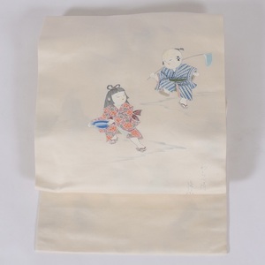 Art hand Auction Nagoya obi niño pintado a mano blanquecino /C51, banda, Obi de Nagoya, A medida