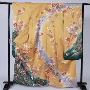  long-sleeved kimono silk long kimono-like garment attaching yellow red green Gold flower /B45