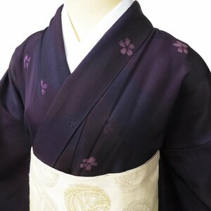 小紋 着物 中古 正絹 袷 カジュアル ぼかし染め 暈し 花模様 桜 地模様 深紫色 身丈164.5cm 裄66.5cm L きもの北條 A923-7