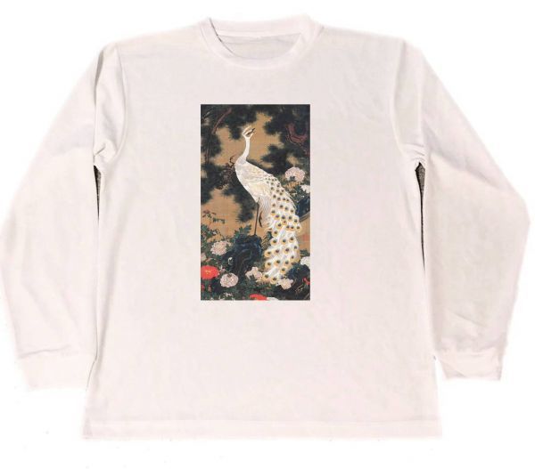 Ito Jakuchu Dry T-shirt Old Pine Peacock Masterpiece Painting Art Goods Long Long T-shirt White, M size, round neck, letter, logo