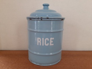 ◎**　アンティーク　ＲＩＣＥ缶　ライス缶　ホーロー製　ブルー　高さ　約20.5ｃｍ　※写真より濃いブルーです。　レトロ　**◎