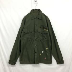 KZ6733★U.S.ARMY : 70's リメイクデザイン ユーティリティシャツ★14-1/2★カーキ系 米軍 スタッズ 刺繍 ヴィンテージ ミリタリー