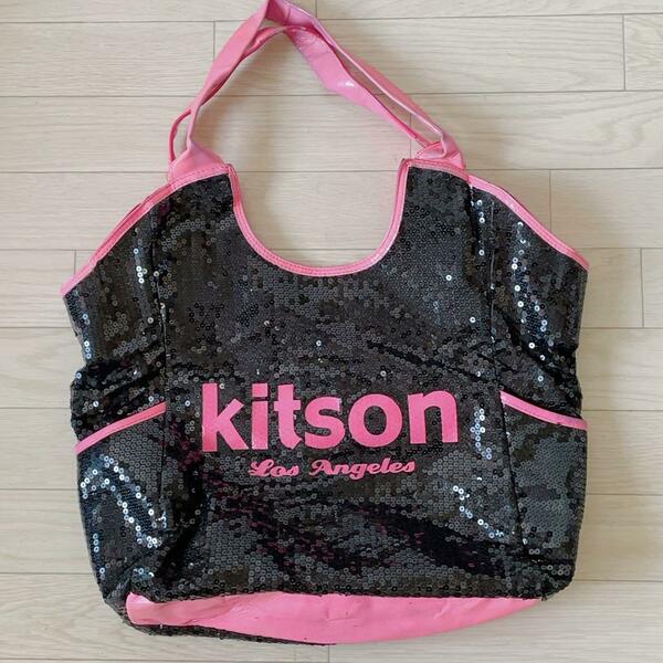 KITSON 黒スパンコール ピンクロゴ トートバッグ