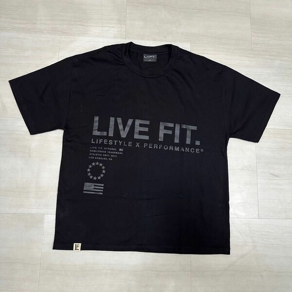 【美品】ブラックLIVE FITトレーニングウェア BIG ロゴTシャツ黒リブフィット