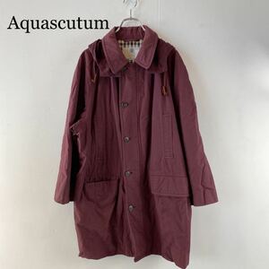 Aquascutum アクアスキュータム Pコート フード付き ワインレッド×内側チェック柄 