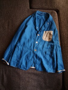 ★別布パッチワークなポケット使い◎サラッとした風合いが気持ち良い藍染めリネンのジャケット★45rpm 45R メンズ 即決 インディゴ染め
