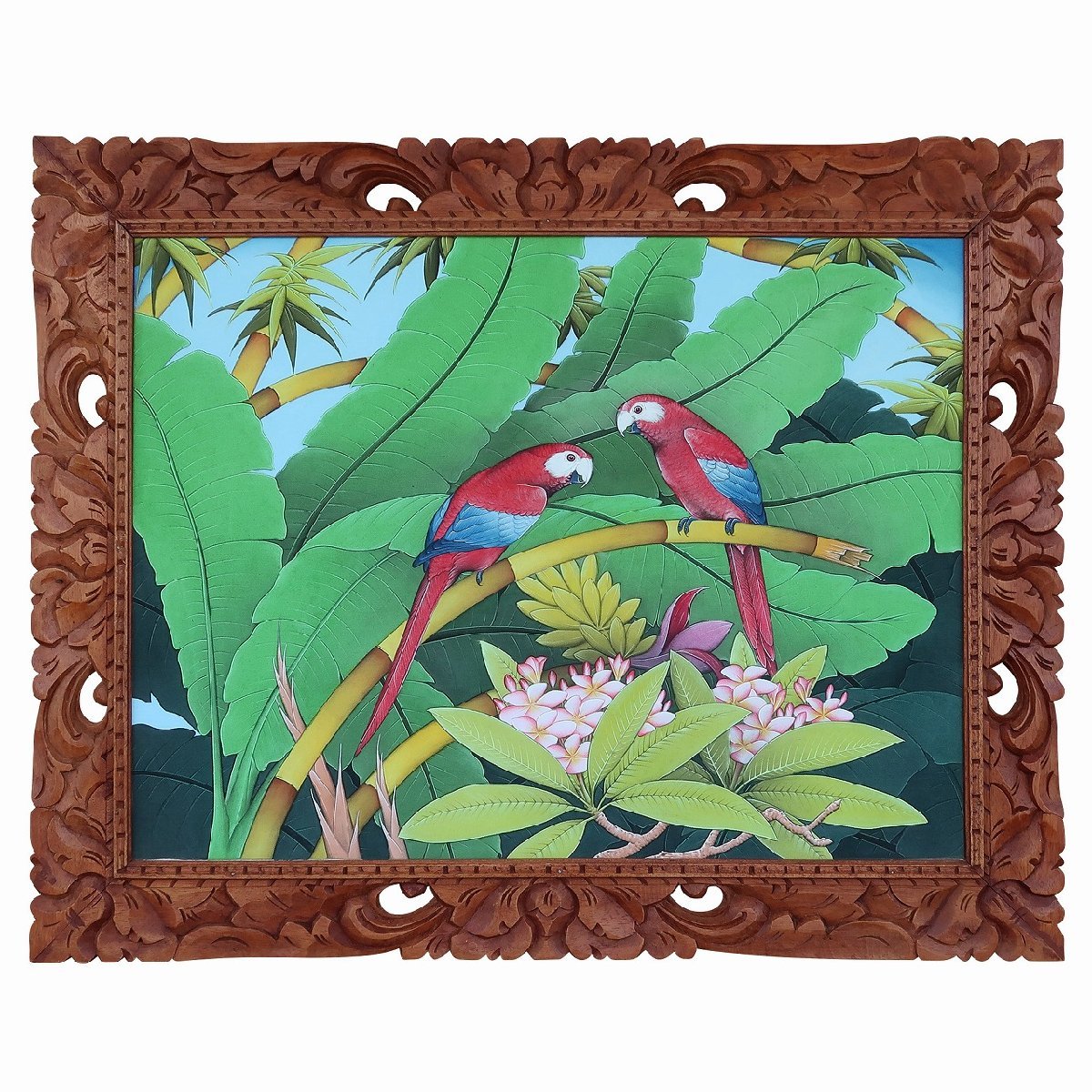 Gemälde von zwei Aras im Pungosekan-Stil, 100 x 80, buntes Papageienvogelgemälde, hawaiianisches balinesisches Gemälde von W.SURITA YSA-240454, Kunstwerk, Malerei, Acryl, Gouache