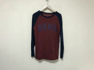 本物デウスエクスマキナDeus Ex Machinaコットンプリント長袖TシャツロンTメンズミリタリーワークサーフ紺赤ワインレッドS