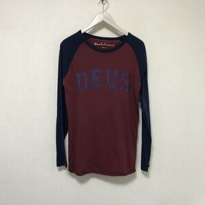 本物デウスエクスマキナDeus Ex Machinaコットンプリント長袖TシャツロンTメンズミリタリーワークサーフ紺赤ワインレッドS