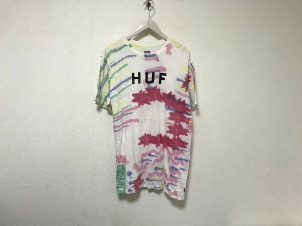 本物ハフHUFコットンロゴプリント染め柄半袖Tシャツメンズサーフアメカジミリタリースーツワークメキシコ製L白ホワイト