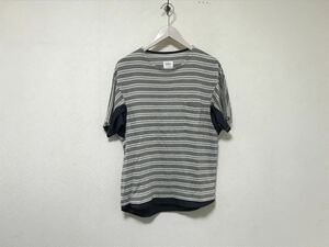 美品本物ステュディオスSTUDIOUSテンセルニット切り替えナイロンボーダー柄ロゴ刺繍半袖Tシャツメンズアメカジビジネスグレー白1S日本製