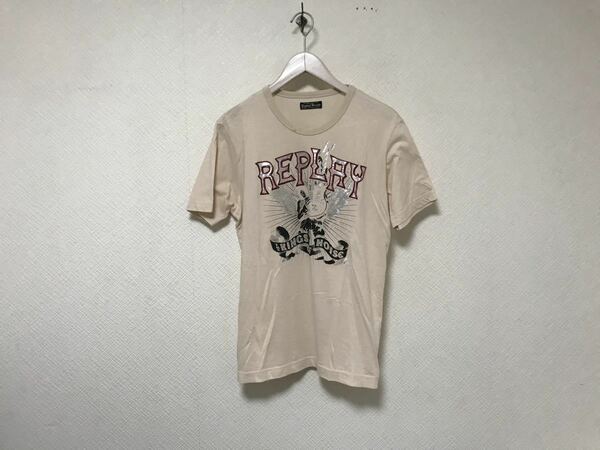 本物リプレイREPLAYコットンプリントタイト半袖TシャツメンズアメカジサーフミリタリービジネススーツワークベージュLモーリシャス製