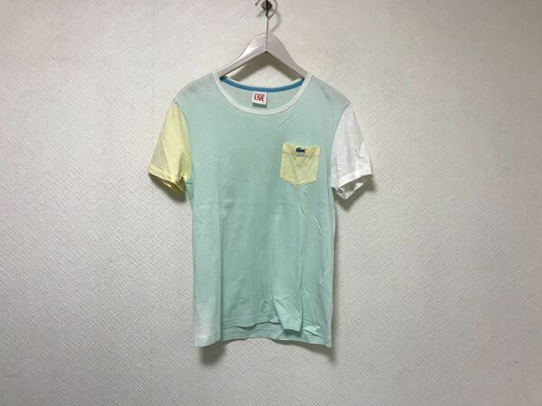 本物ラコステLACOSTEコットン切り替え柄半袖Tシャツメンズアメカジサーフミリタリーワークスーツグリーン緑イエロー3S