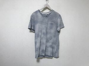 本物ダナキャランニューヨークDKNYコットン後染め柄Vネックボーダー柄半袖TシャツメンズアメカジサーフミリタリーワークスーツM青ブルー白