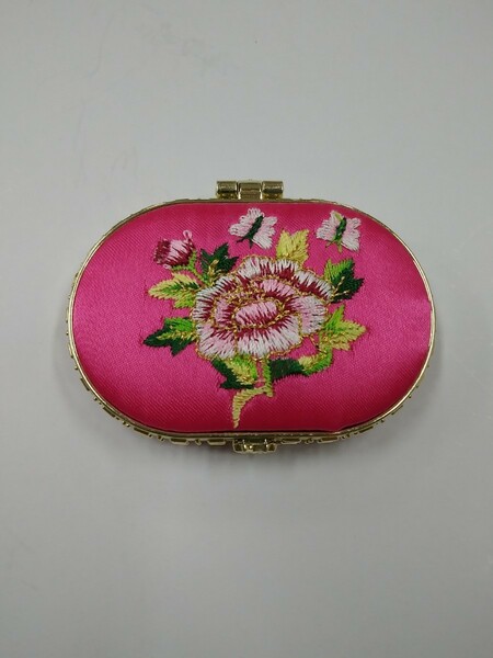 韓国 刺繍 鏡 手鏡 ①ピンク ミラー かわいい 花