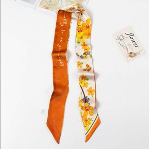 リボンスカーフ オレンジ 花柄 シルク風 バッグ チャーム ヘアバンド ビッグリボン ハロウィンカラー 秋冬