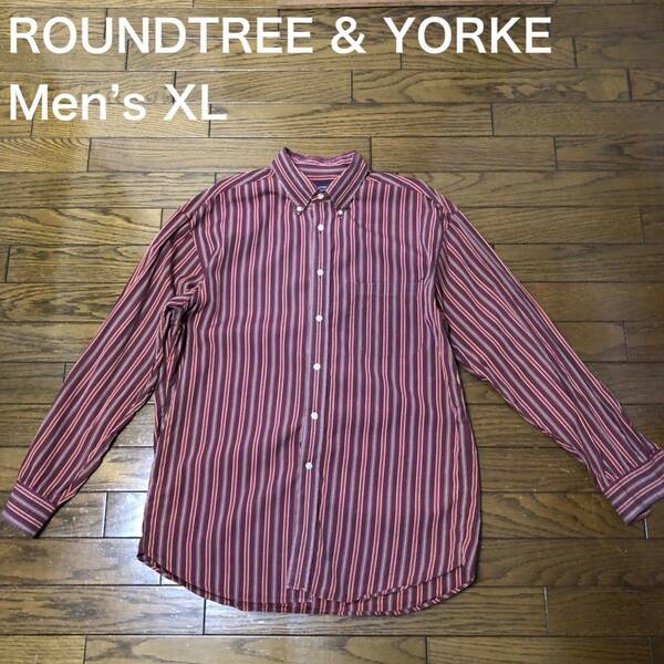 【送料無料】ROUNDTREE & YORKE長袖シャツ　ワインレッドストライプ柄　メンズXLサイズ