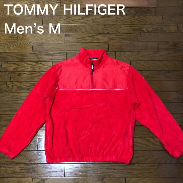 【送料無料】旧タグTOMMY HILFIGERナイロン切り返しハーフジップフリース赤 メンズMサイズ トミーヒルフィガー90s