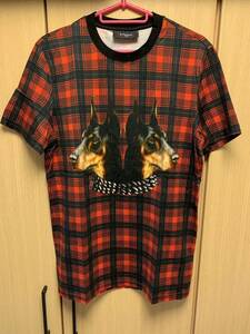 正規 13AW GIVENCHY ジバンシィ Riccardo Tisci リカルド ティッシ ドーベルマン 赤チェック Tシャツ カットソー XS 13F 7339 670