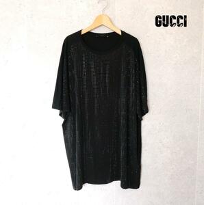 美品 GUCCI グッチ 半袖 Tシャツ カットソー シルク100％ ビジュー 前後切り替え オーバーサイズ クルーネック 黒 ブラック