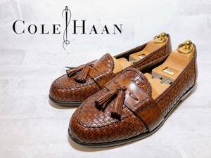 デッドストック【未使用】COLE HAAN コールハーン 上質 レザー編み込み タッセルローファー 本革 レザー 茶 US10.5（約28.5cm）ビンテージ