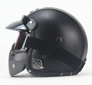 ハーレーヘルメット バイクヘルメット ジェットヘルメット PUレザー バイザー付き ゴーグル マスク付 カラー:C サイズ:XXL