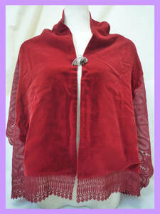 着物 ショール ストール ベロア調 赤 臙脂色 レース飾り 和装小物 和服 訪問着 上着 コート 美品 防寒 フォーマルにも お買得 必見