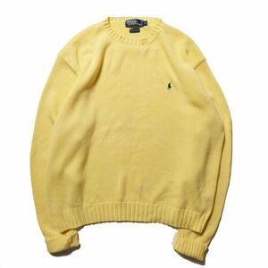 90's 00's ポロ ラルフローレン クルーネック コットン ニットセーター (XL) 黄色 ポニー刺繍入り 90年代 旧タグ オールド Y2K