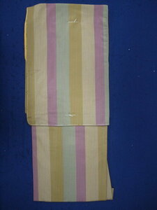 お仕立て上がり　1706　袷　洗えるきもの　小紋　黄土・ピンク　　縞柄　Mサイズ　(レターパック不可）