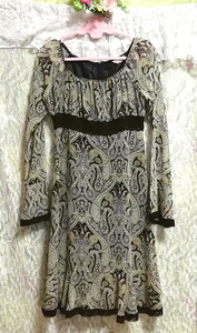 橄榄绿黑色蕾丝民族图案雪纺束腰连衣裙，束腰外衣，长袖和 M 码