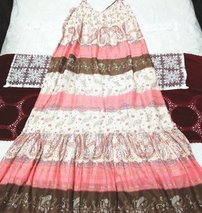 ピンク茶綿ネグリジェマキシキャミソールワンピースベビードールドレス Pink brown cotton negligee maxi camisole babydoll dress