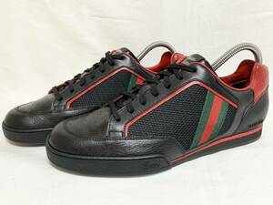 希少 超美品 グッチ GUCCI シェリー 83 テニスラケットロゴ ローカット レザー メッシュ スニーカー 7 1/2 26～26.5cm前後 256649 メンズ