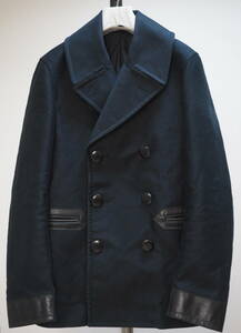 Alexander McQueen Alexander Mac .-n16AW leather switch pea coat 48 dark blue × black Italy made 