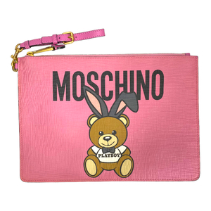 【美品】 MOSCHINO モスキーノ テディバニー バッグ クラッチポシェット クラッチバッグ セカンドバッグ ロゴ レザー ピンク マルチカラー