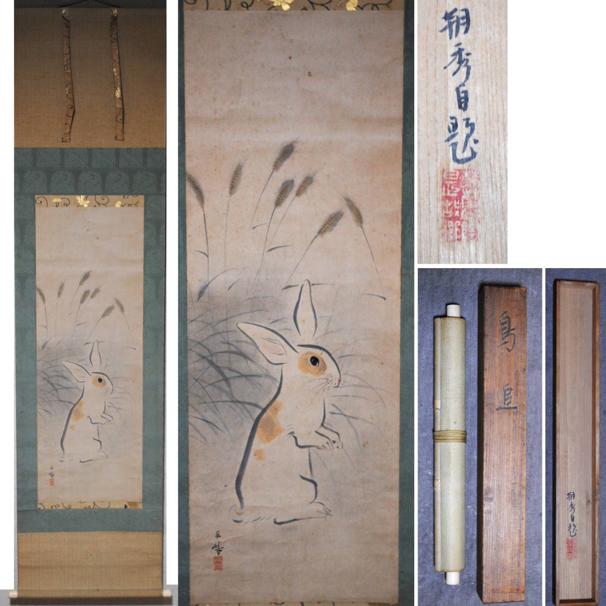 [Sellout Shop] Hanging scroll Torioi Asahide's self-titled work, genuine work, Rabbit, Autumn, hand-painted, hand-written calligraphy, Japanese painting, hanging scroll, from a former family collection, Painting, Japanese painting, Flowers and Birds, Wildlife