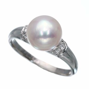 ほんのりと感じられるピンクの照りがキュート Pt900 アコヤパール 真珠 ダイヤモンド リング 4.2g 0.06ct 8.4mm 超美品 ◎06A58