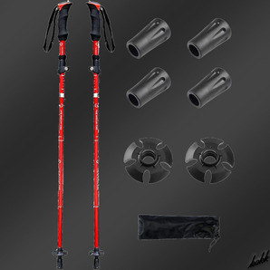 【高さを調整できる5段式】 トレッキングポール 2本セット メタルレッド EVA製グリップ アウトドア ウォーキング 登山 初心者