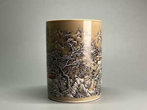 美術品 古磁 中国 同治年製在銘 江西景徳鎮 手絵 萬水千山図 文房具 筆立