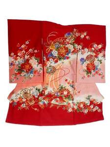 Первое визит в храм с девчонки Kimono One Kimono One Body Celebration Baby Pure Silk Red Land Fan Fan