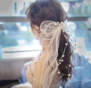 ウェディング ヘッドドレス　結婚式　ヘアアクセサリー　ブライダル　リボン1/3