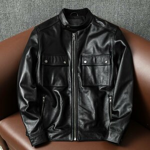 秋冬　ライダース 牛革 レザージャケット カウハイド 革ジャン メンズ本革 立ち襟　格好良い Ｓ～4XL 黒