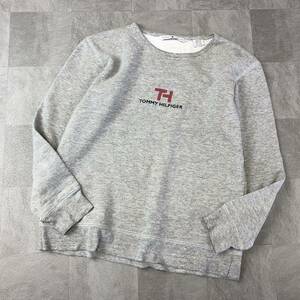 USA製90's TOMMY HILFIGER トミーヒルフィガー　染み込みプリントスウェット　トレーナー　長袖　霜降りグレー　サイズS 古着