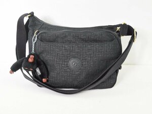 2371-23R0147★キプリング Kipling 美品★モンキーチャーム付き シグネチャーエンボス 軽量ショルダーバッグ 黒ブラック系 撥水ナイロン