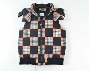 1265-23Q0162★ バーバリー BURBERRY 美品★キッズ 140/10歳　ダウンベスト　黒茶チェック柄 フード付き